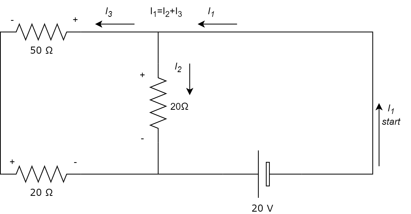 Annotated circuit illustrating Kirchhoff's current and voltage laws