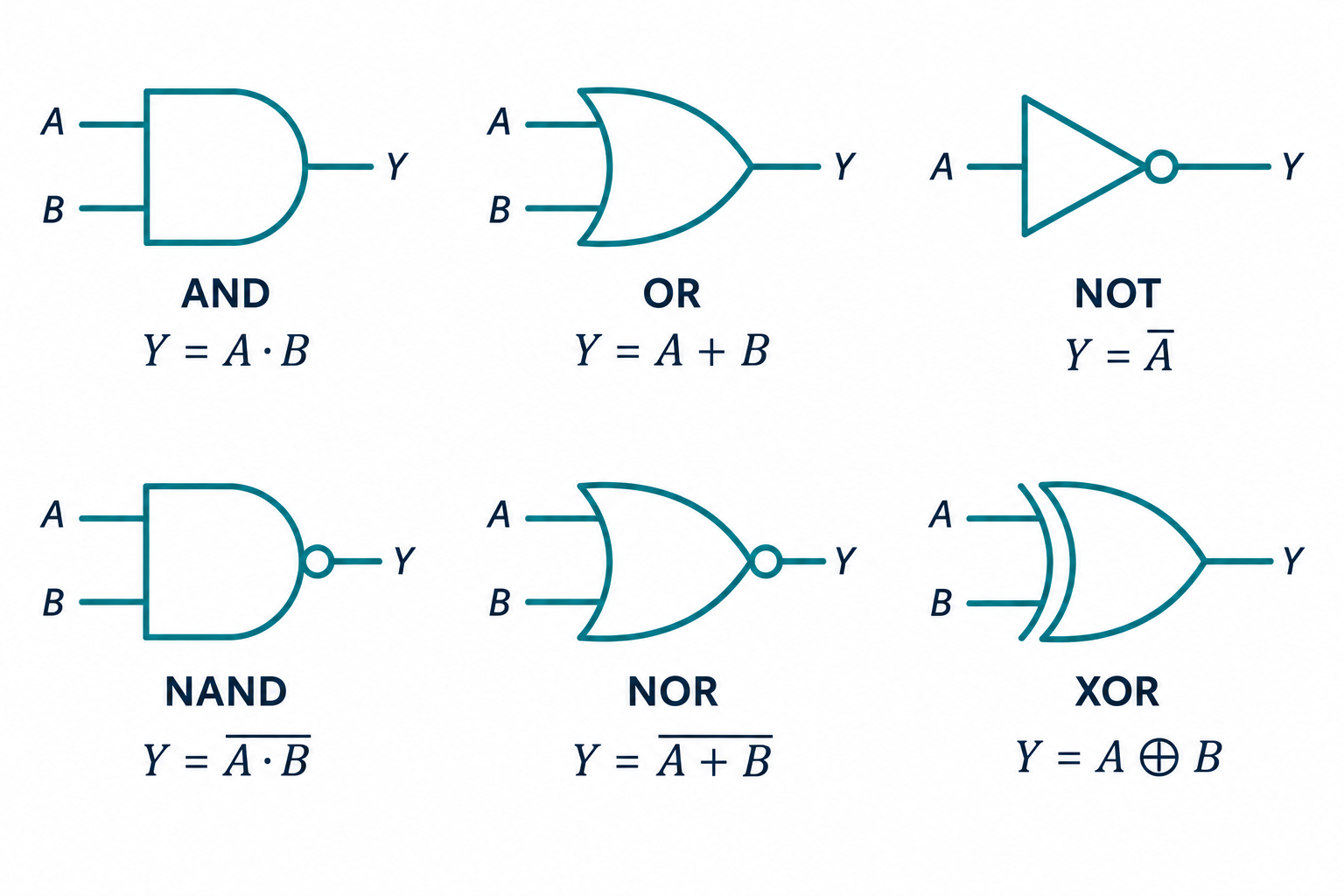 The six basic logic gates - AND, OR, NOT, NAND, NOR, XOR - with their standard symbols and Boolean expressions