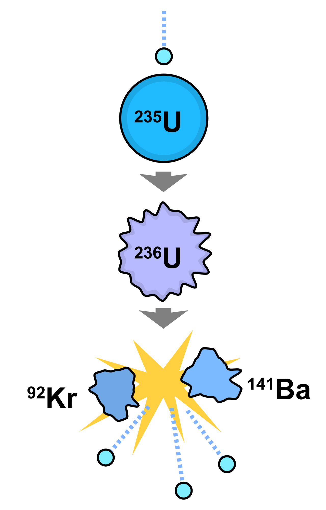 Nuclear fission of uranium-235: a slow neutron is absorbed to form excited uranium-236, which splits into krypton-92 and barium-141 together with three released neutrons and a burst of energy